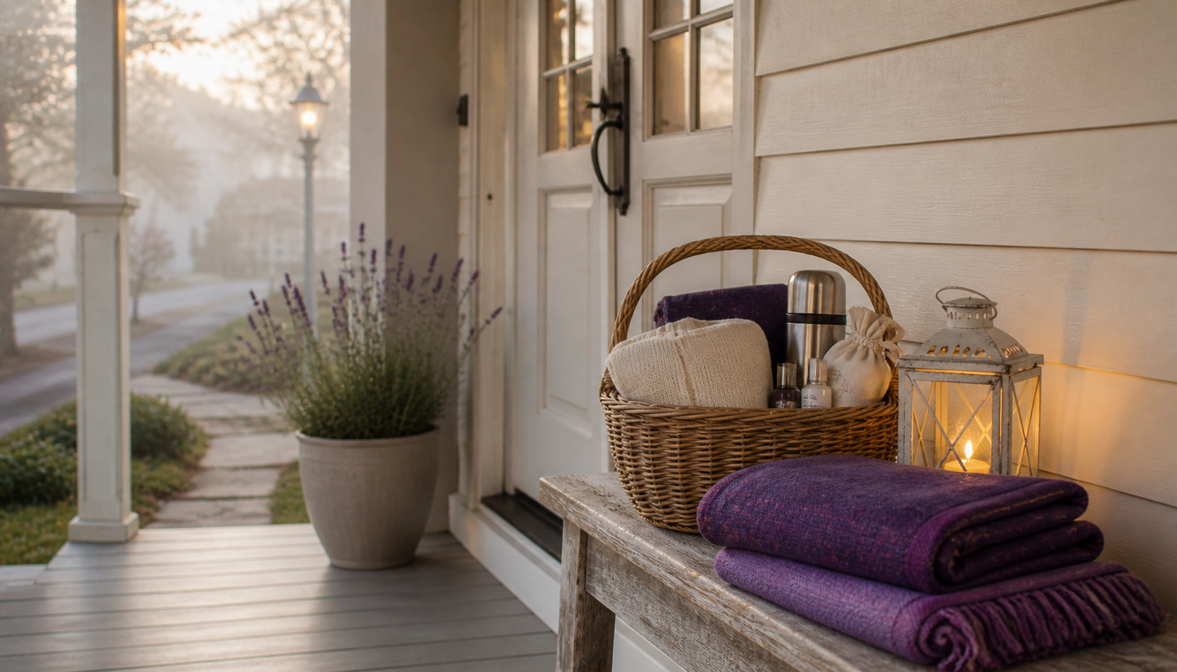 A care basket with purple blankets, a thermos, and a lantern resting on a quiet porch at dawn beside a lavender plant — dropped off for a family in crisis.