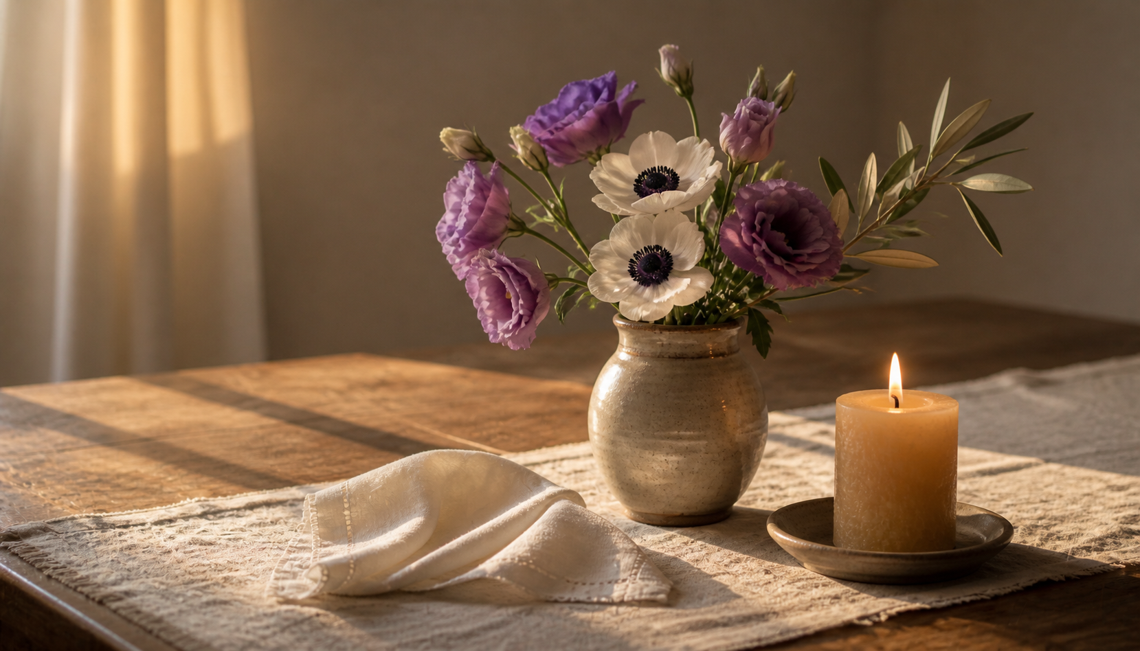 A quiet still life on a linen runner: a stoneware vase of purple lisianthus and white anemones with an olive branch beside a lit candle in golden hour light.