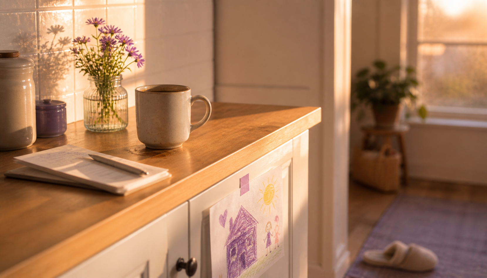 A sunlit kitchen counter with a mug, notebook, and a child’s crayon drawing of a house and family taped to the cabinet — a parent’s morning paused at home.