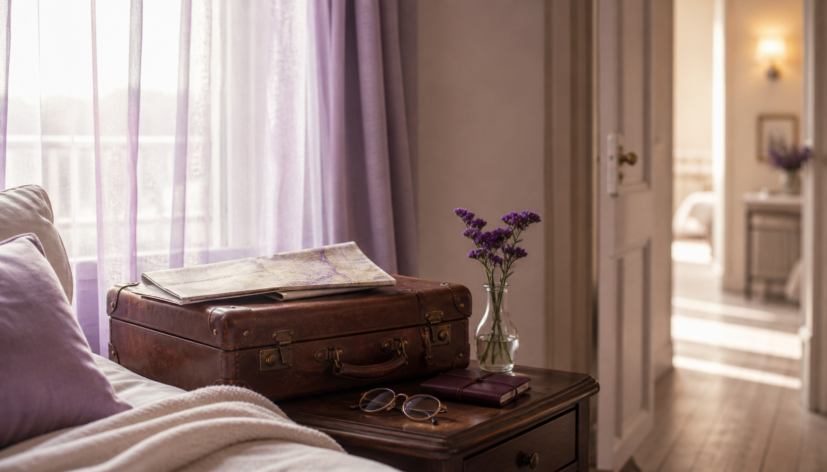 A vintage suitcase, glasses, and a small map by a window with sunlit lavender curtains and a vase of purple flowers — quiet evening before a journey for care.